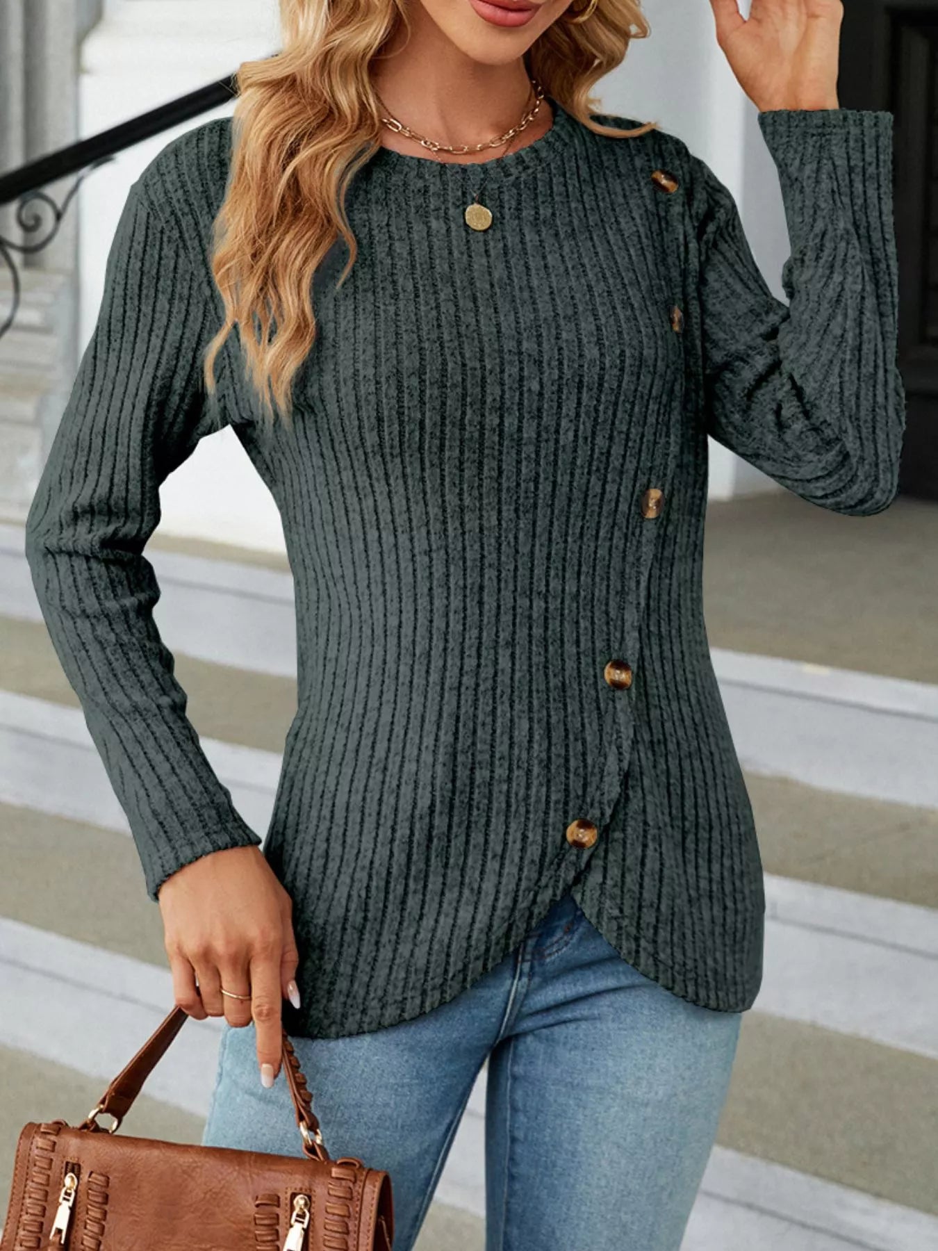 Blue Ribbed Knit Long Sleeve Top with Decorative Button Detail - Image 12