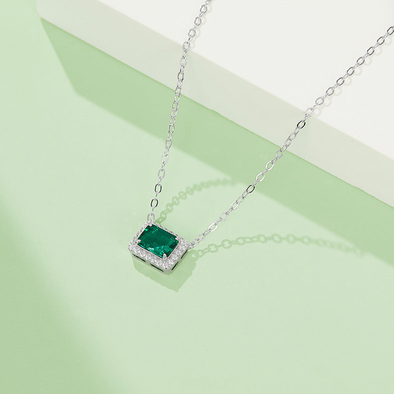 S925 Silver 2.4g 0.9ct Lab-Created Emerald Necklace, 7x5mm Halo Pendant, 40&5cm