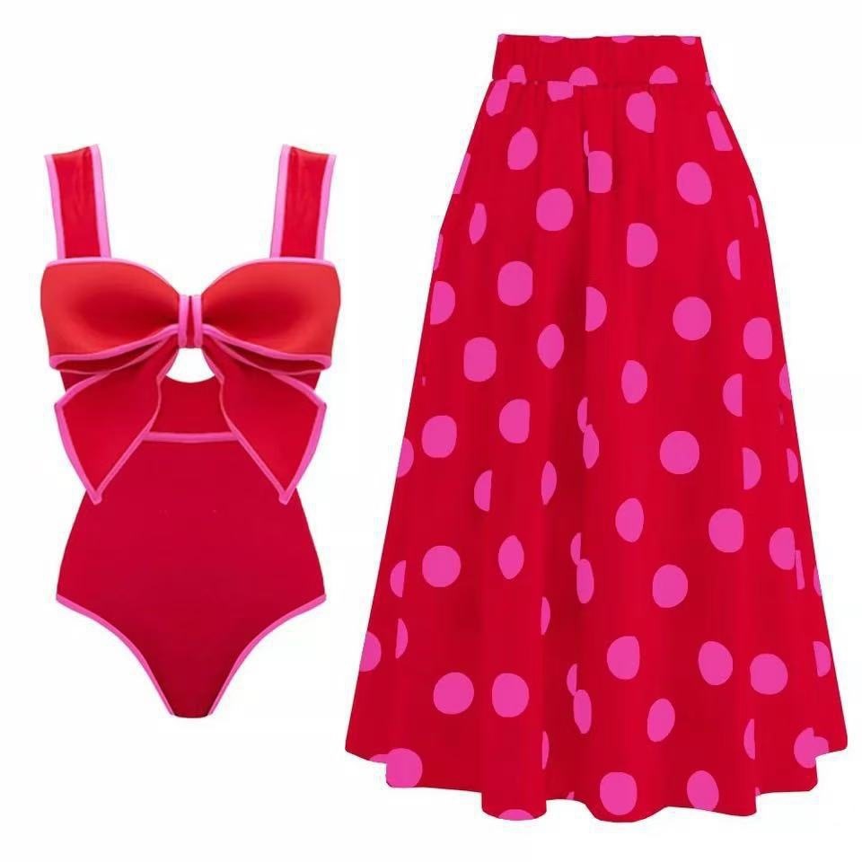 Women's Retro Polka Dot Sleeveless A-Line Midi Swimwear Skirt Suit