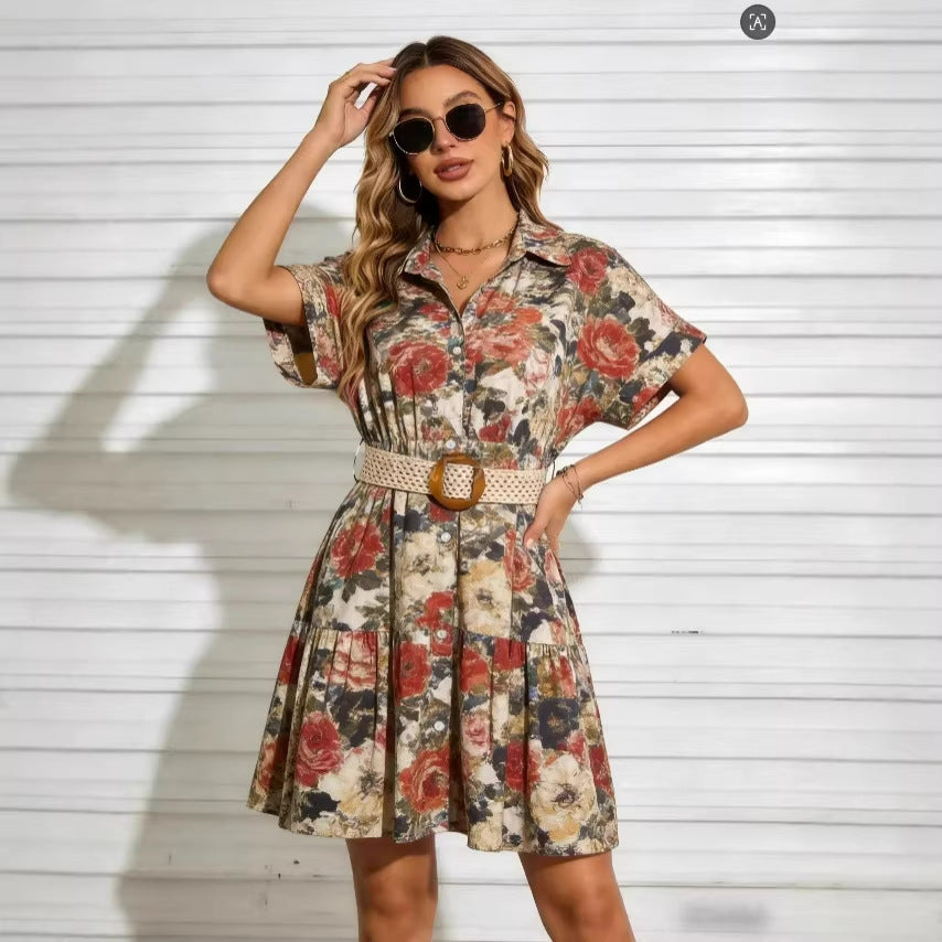 Women’s Short Sleeve Button Down Mini Dress with Woven Belt - Image 4