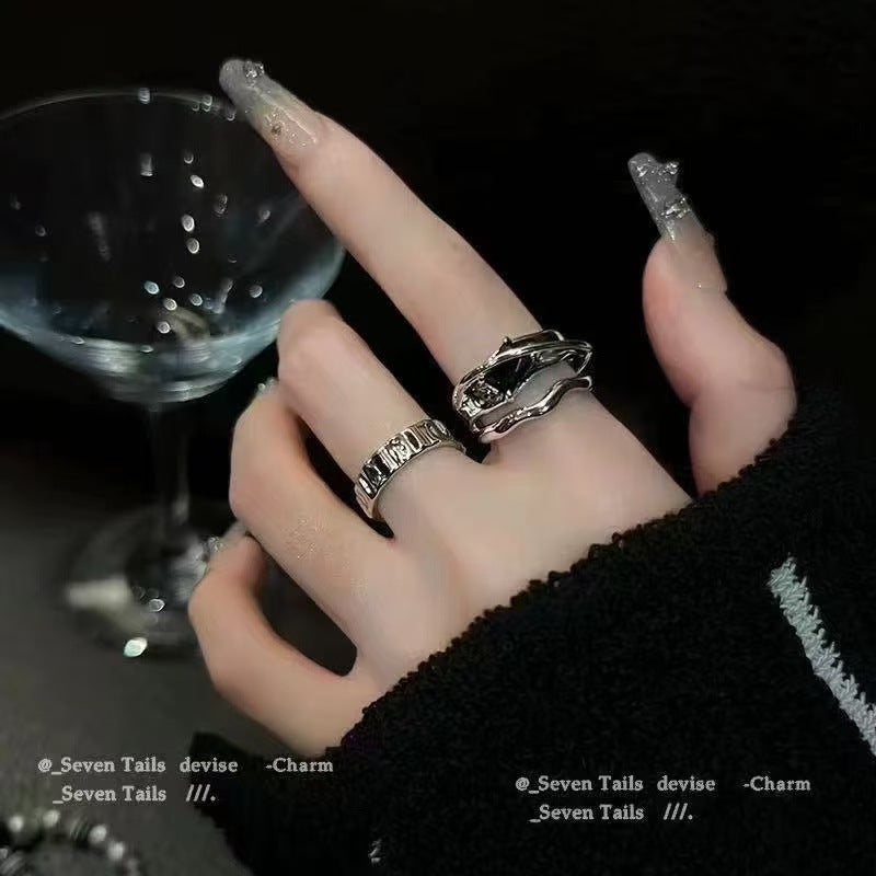 Niche Design Irregular Black Zircon Ring, Dark Punk Style Adjustable Open Band For Men Women