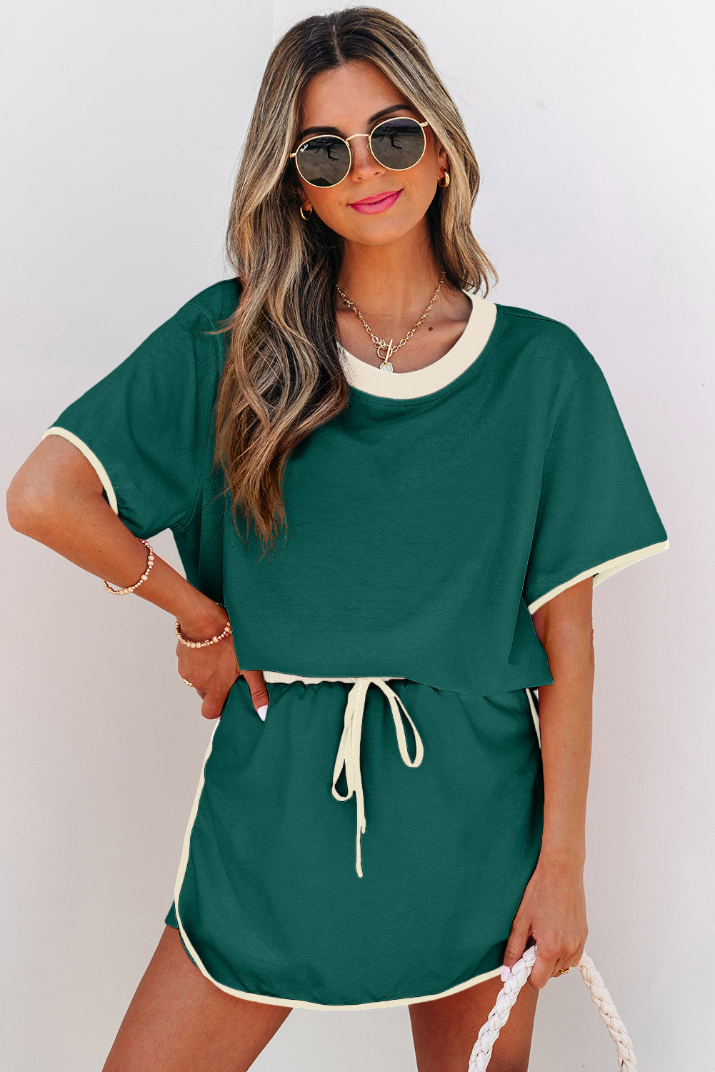 Evergreen Colorblock Drop Shoulder T-Shirt & Skort Set