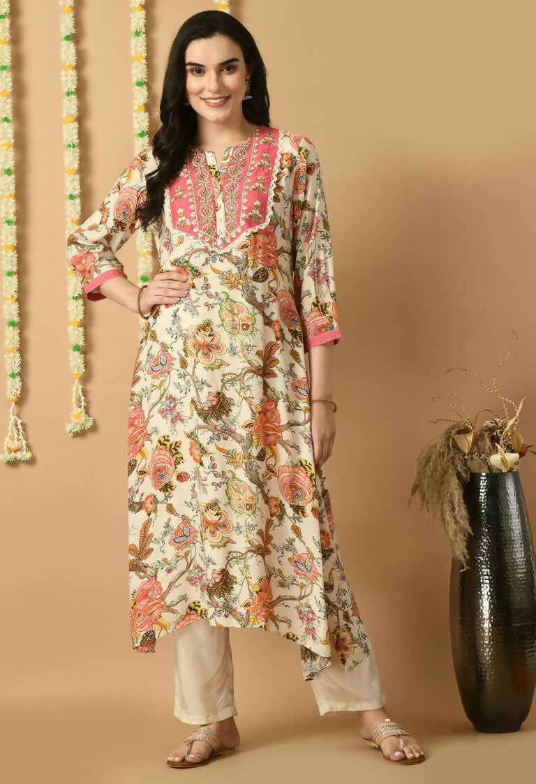 White Maslin Kurta Set with Cotton Bottom - Elegant Ethnic Suit
