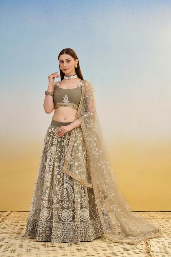 Ivory Butterfly Net Lehenga with Sequence and Thread Embroidery
