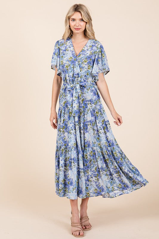 Floral Tie Waist Flutter Sleeve Tiered Dress in Blue and Green