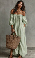 Striped Off-Shoulder Long-Sleeve Maxi Dress for Women - Image 6