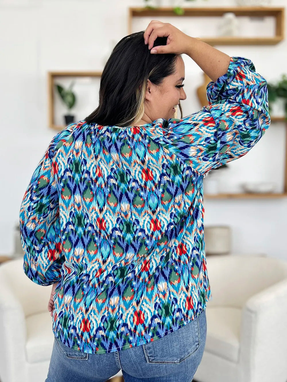 Printed Balloon Sleeve Blouse | Geometric V-Neck Chiffon Top