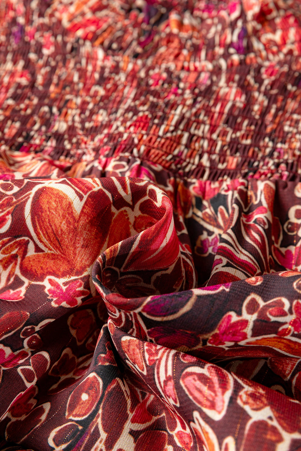 112 Red Floral Chiffon Long Sleeve Mini Dress - Shirred High Neck