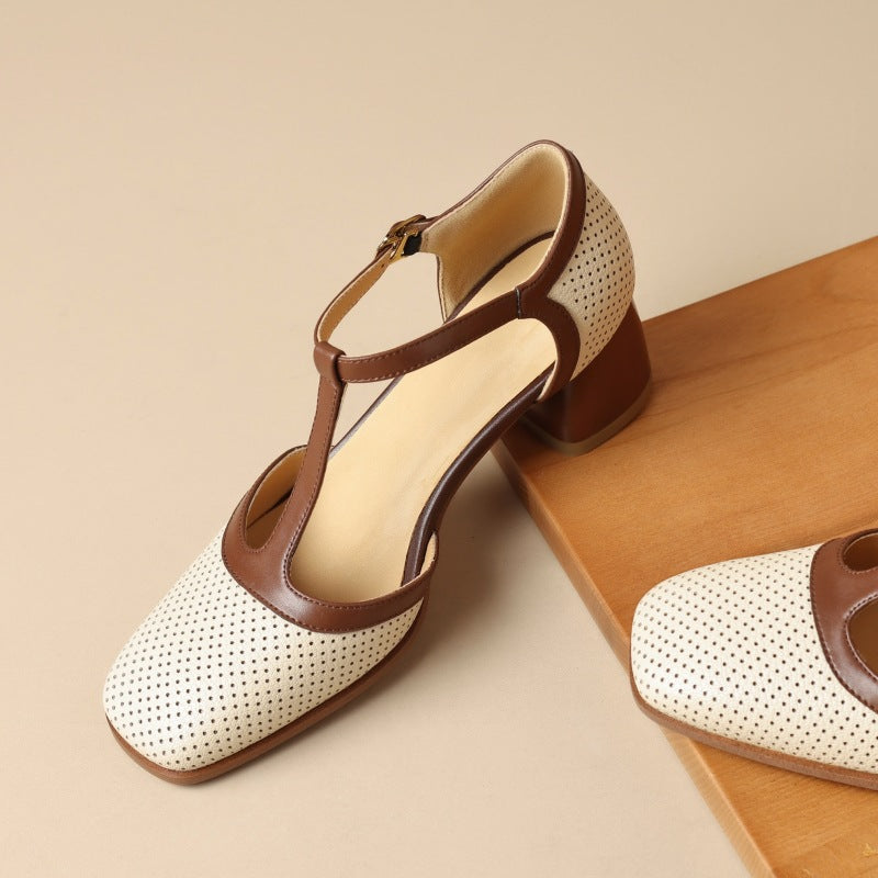 Women's Leather T-Strap Mule Sandals Vintage Inspired