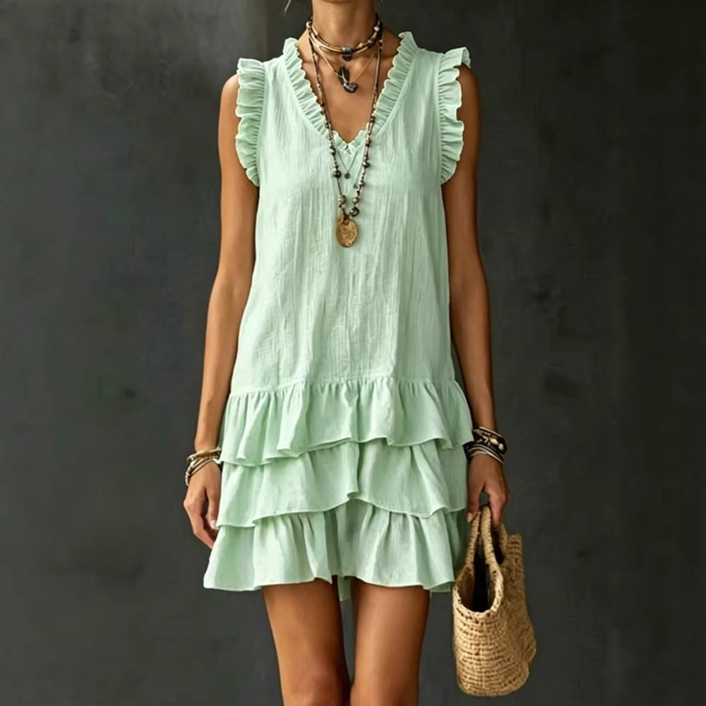 V-Neck Ruffle-Trim Sleeveless Tiered Mini Dress - Image 3