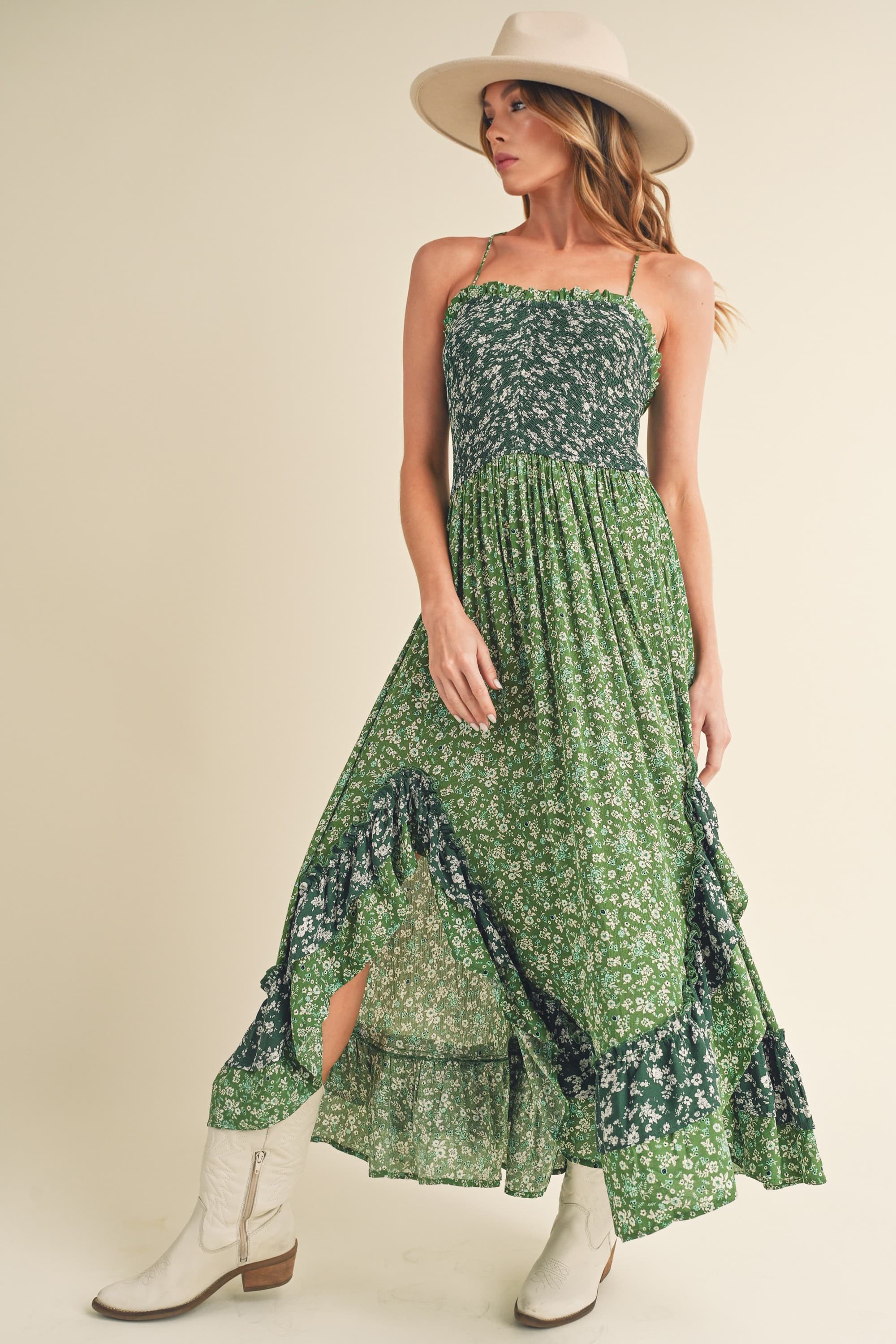 Ditsy Floral Ruffled Hem Maxi Cami Dress in Green & White