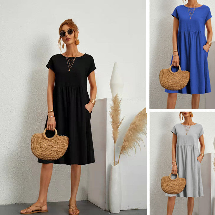 Cotton Blend Round Neck A-Line Skirt Dress