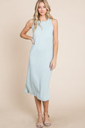 Light-blue ribbed knit sleeveless midi dress with a minimalist aesthetic.