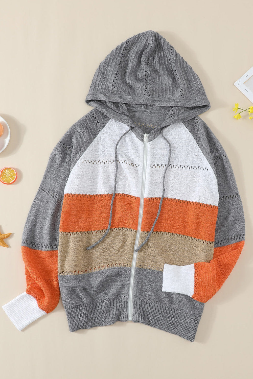 Multicolor Zipped Front Colorblock Hollow-out Knit Hoodie