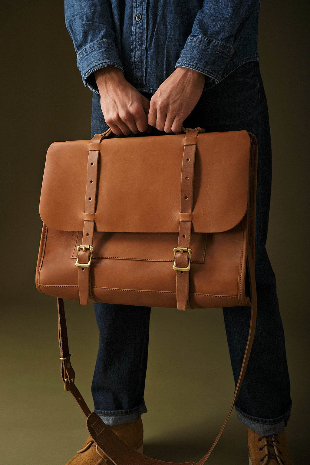 Tan Leather Messenger Bag with Laptop Compartment