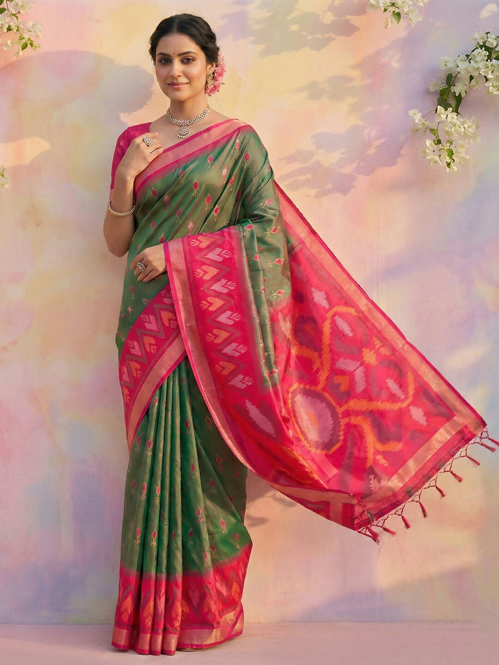 Rich Mehndi colored soft silk saree with traditional finish