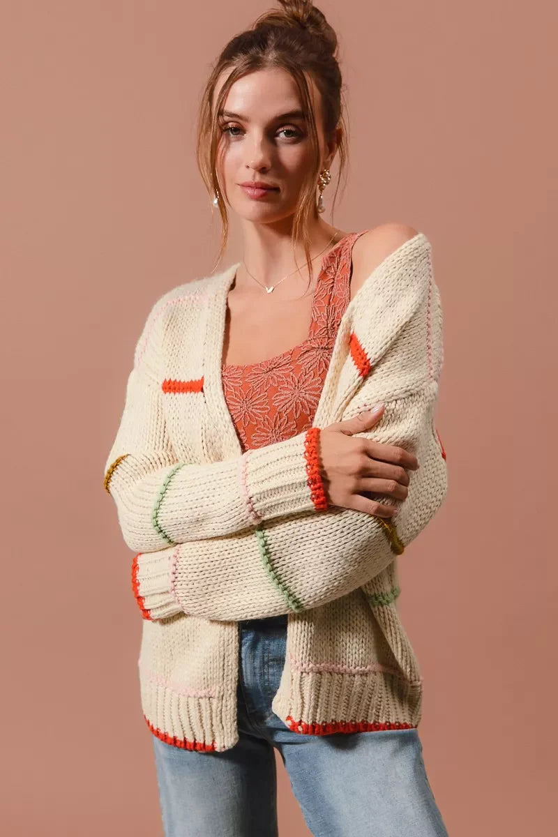 Loose Fit Multi Stripe Open Front Cardigan in Oatmeal