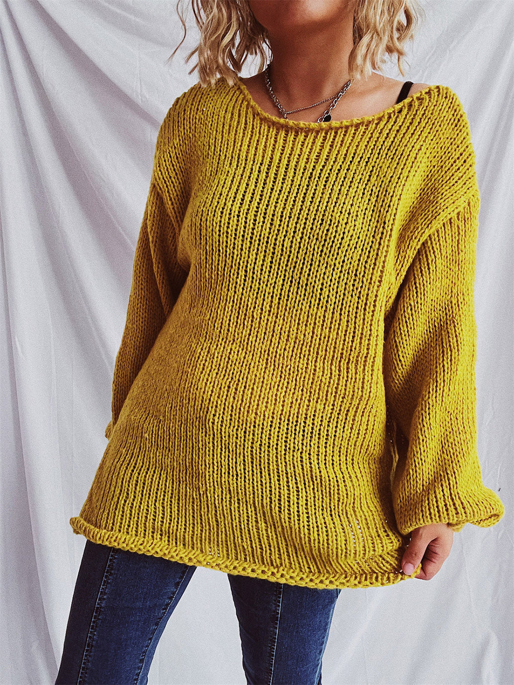 Women's White Boat Neck Dropped Shoulder Loose Knit Sweater - Image 11