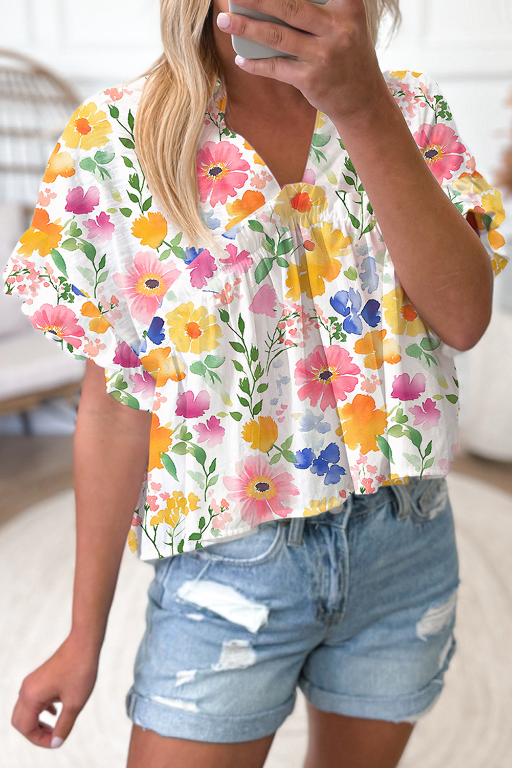 Yellow Floral Boxy V Neck Blouse with Ruffled Short Sleeves