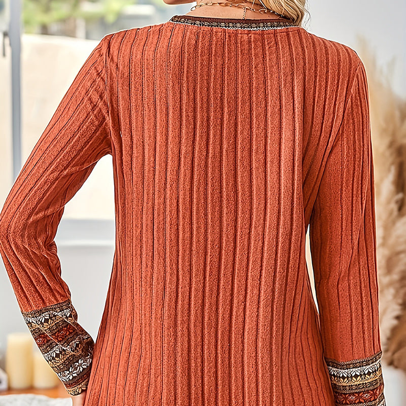 Women's Rust Geometric Pattern Long Sleeve Ribbed Pullover Top - Image 5