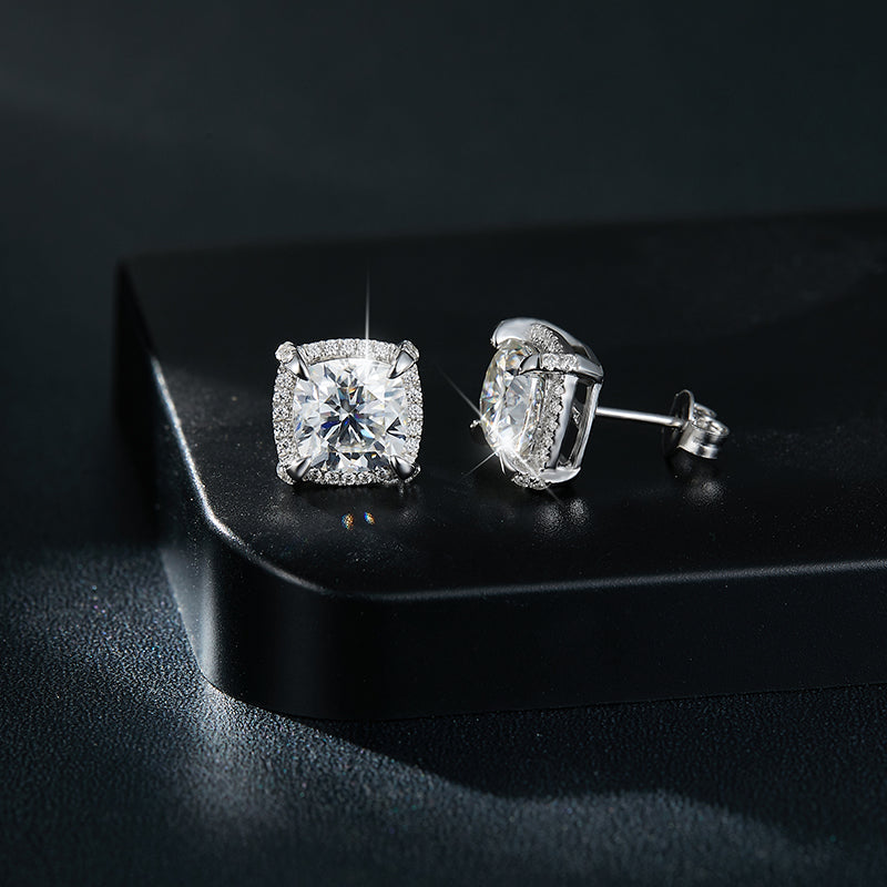 8x8mm cushion cut moissanite halo stud earrings with platinum plating