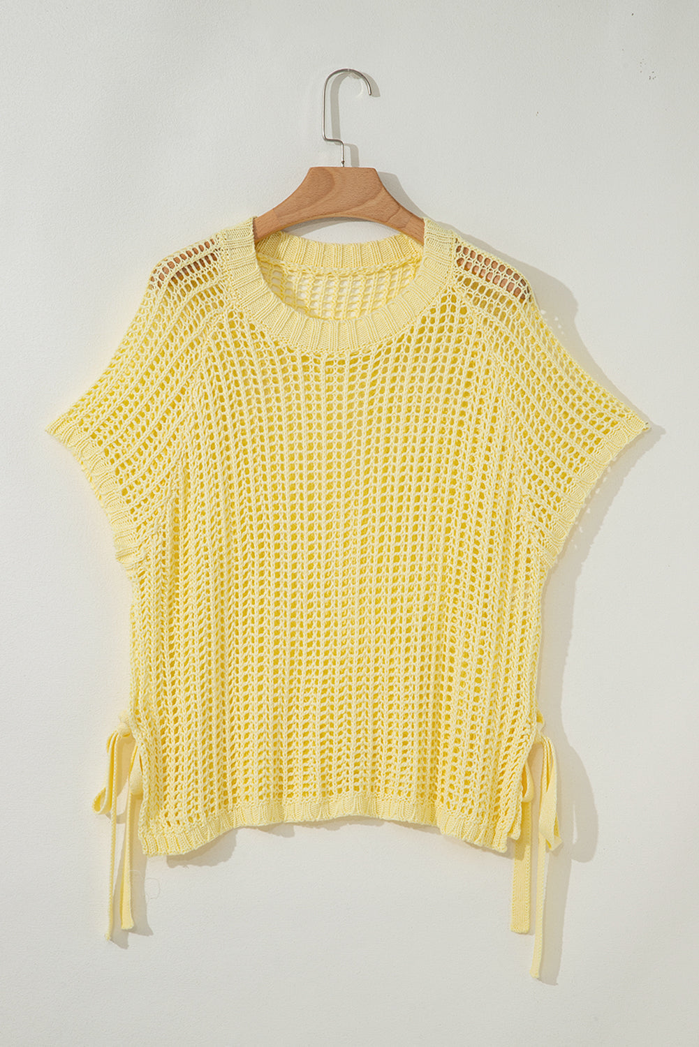 Yellow Hollow-out Crochet Short Sleeve Sweater with Side Ties