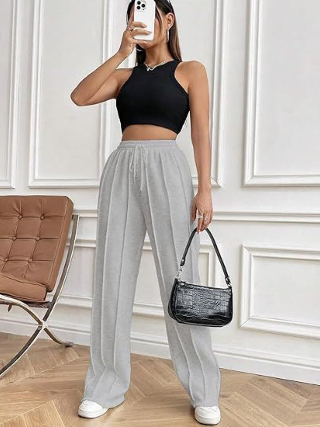 Women's High-Waisted White Drawstring Wide Leg Pants with Pockets - Image 12