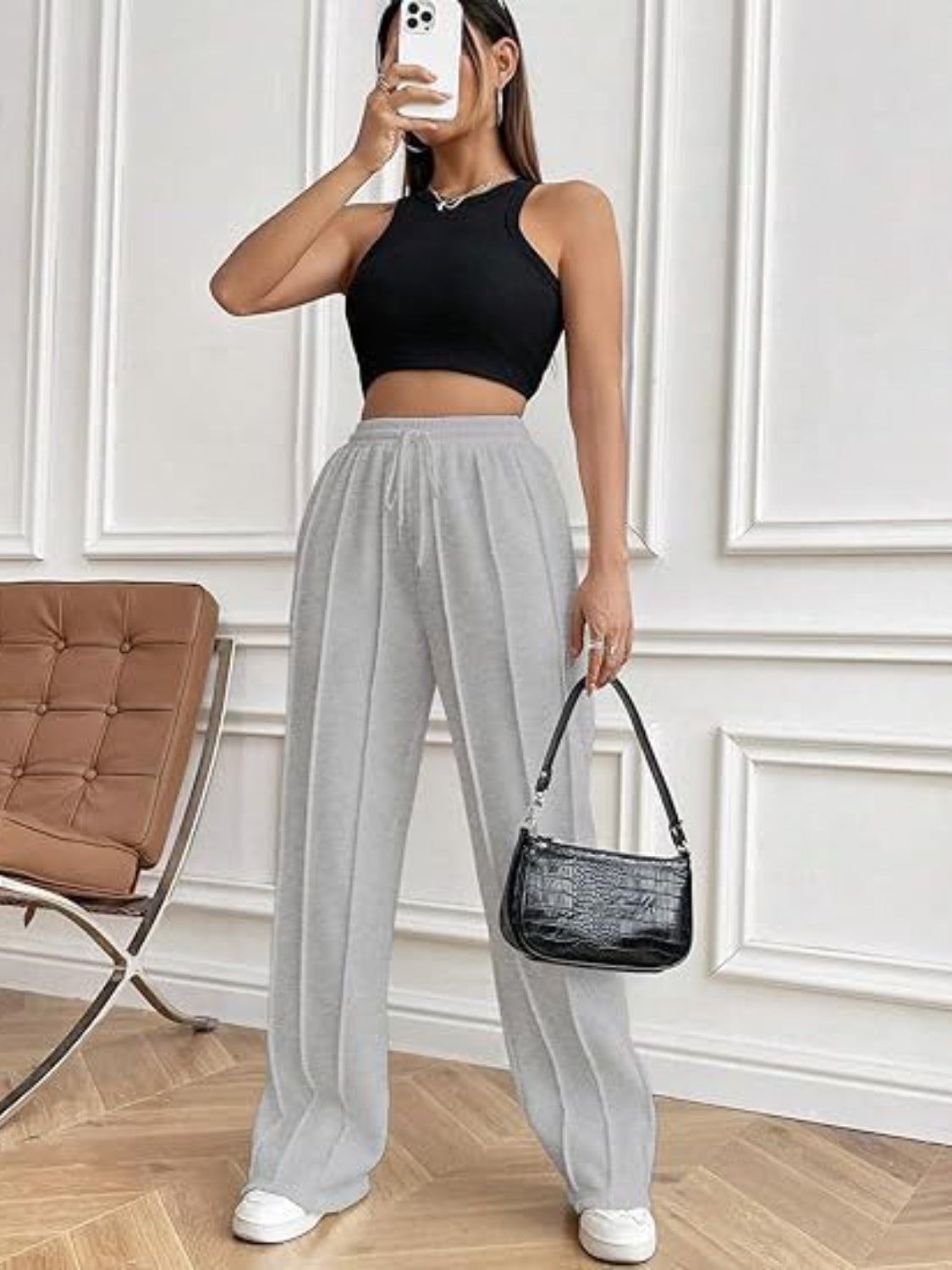 Women's High-Waisted White Drawstring Wide Leg Pants with Pockets - Image 12