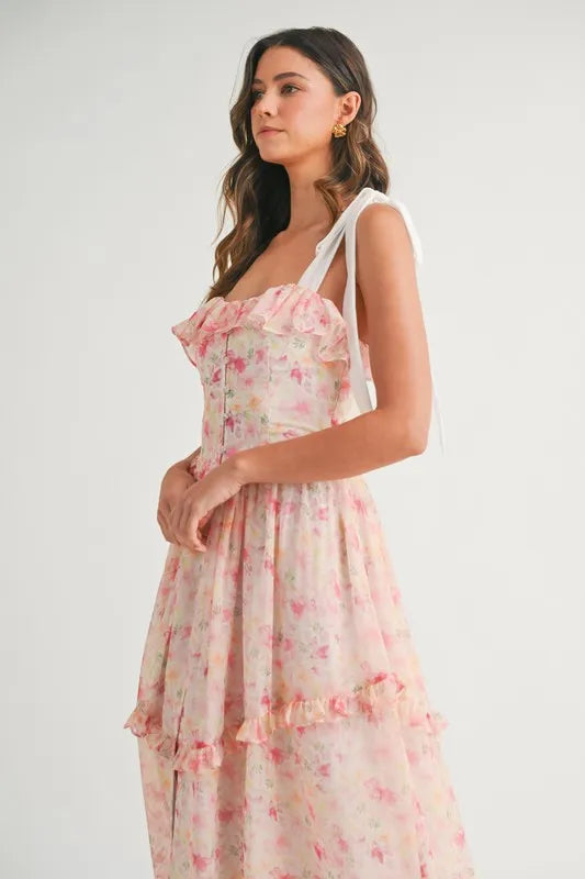 Floral Printed Shoulder Strap Midi Dress in Chiffon