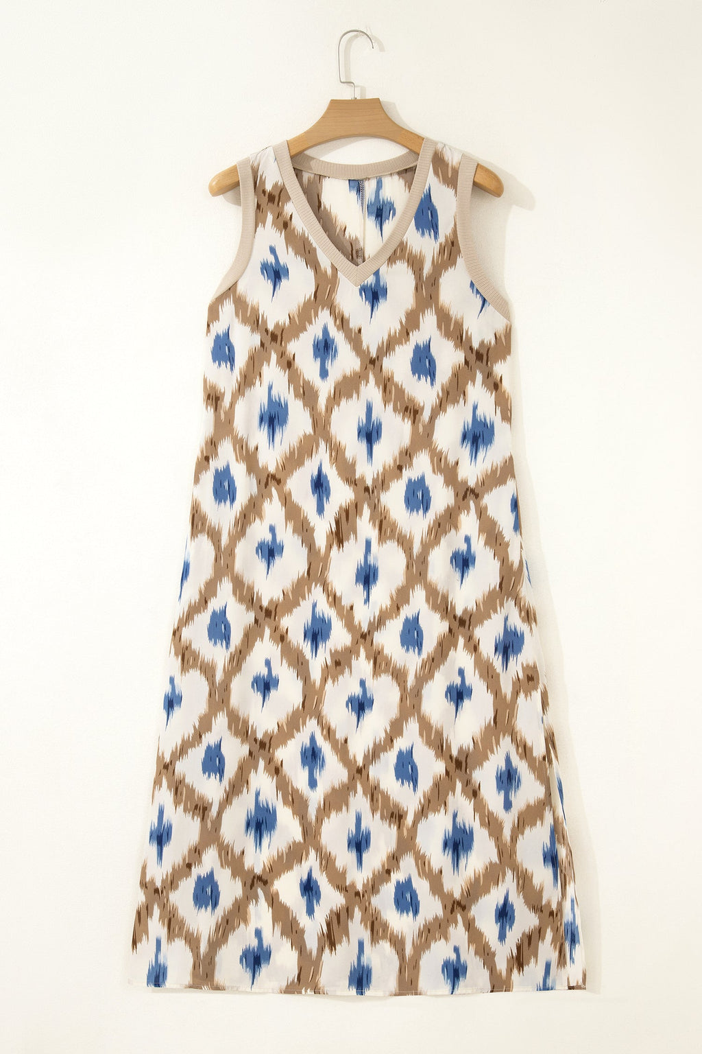 Boho Abstract V-Neck Sleeveless Maxi Dress in White, Tan, and Blue