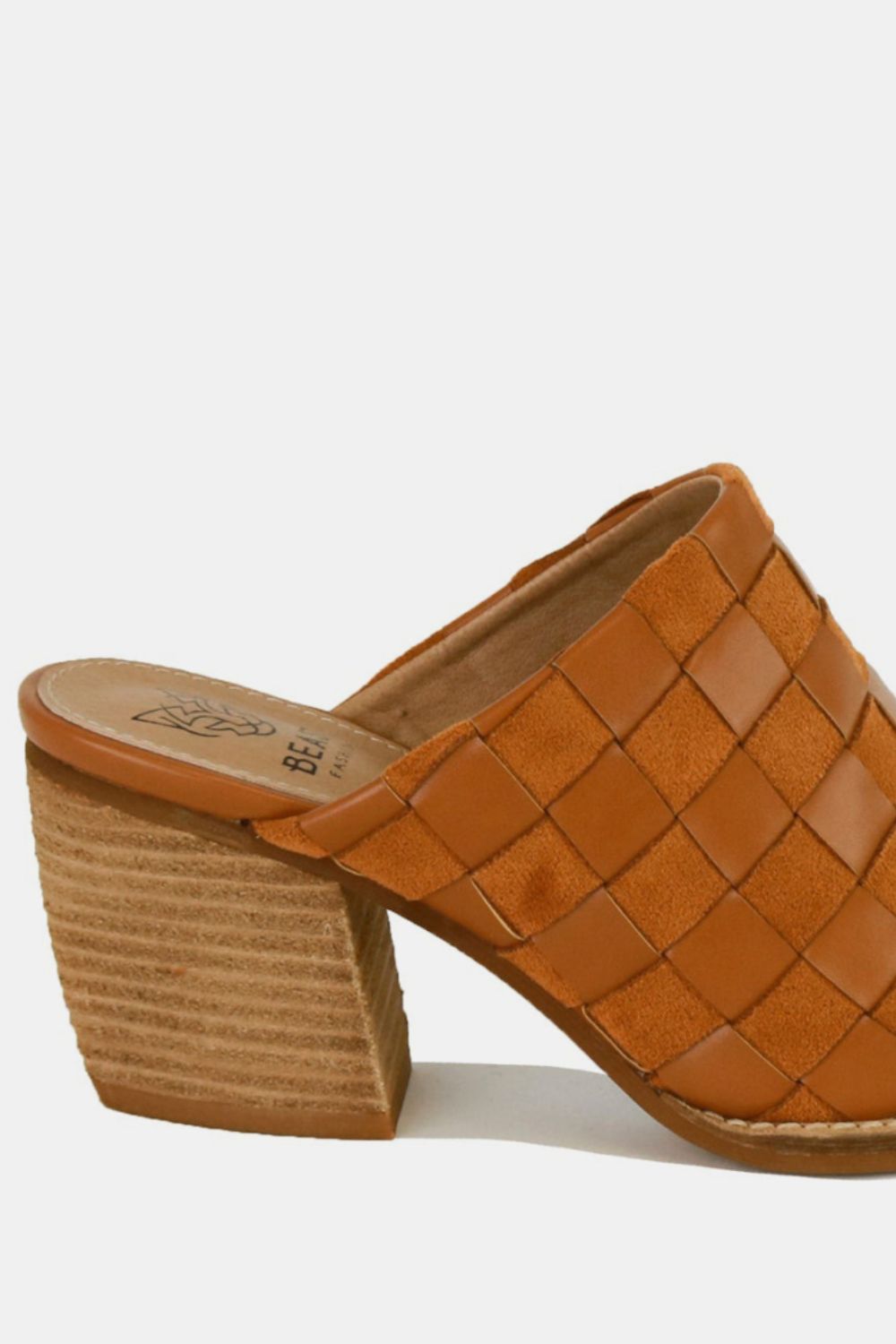 Woven Checkerboard Block Heel Mule Shoes in Tan