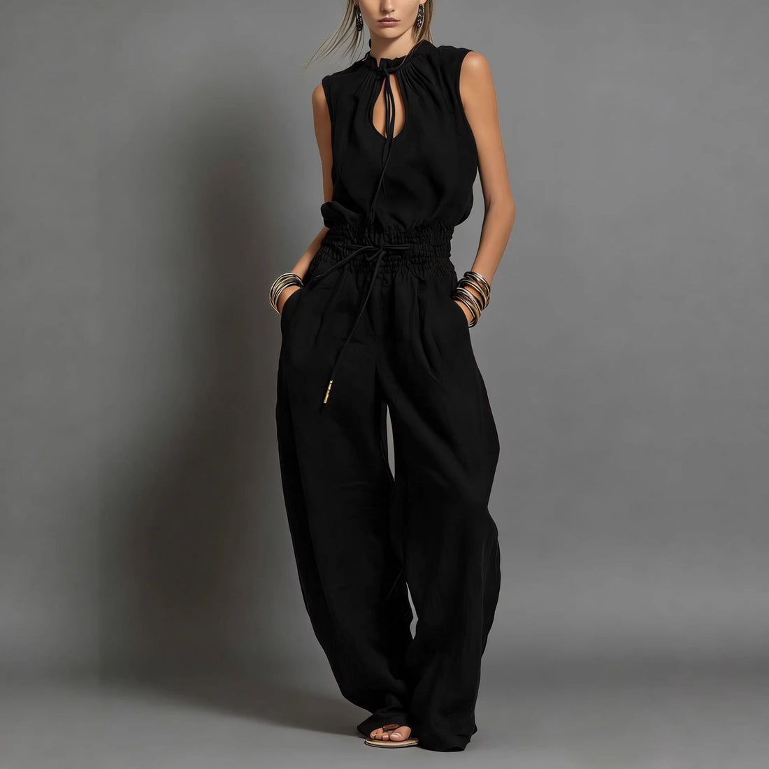 Navy Blue Sleeveless High-Waist Wide-Leg Jumpsuit with Tie-Waist - Image 4