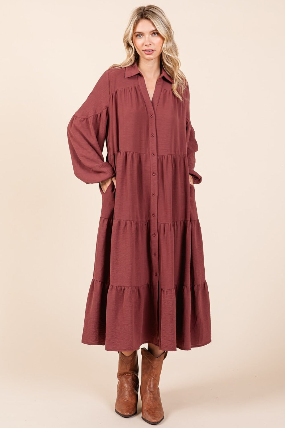 Tiered Button Down Long Sleeve Midi Dress for Women