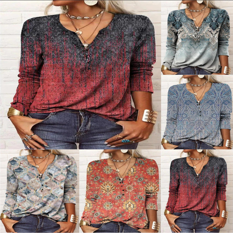 A woman wearing a long sleeve ethnic print V-neck henley top with a loose, comfortable fit.