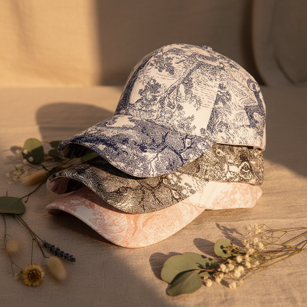 Unisex floral print baseball cap with a dome crown design in navy, black, pink, and white.