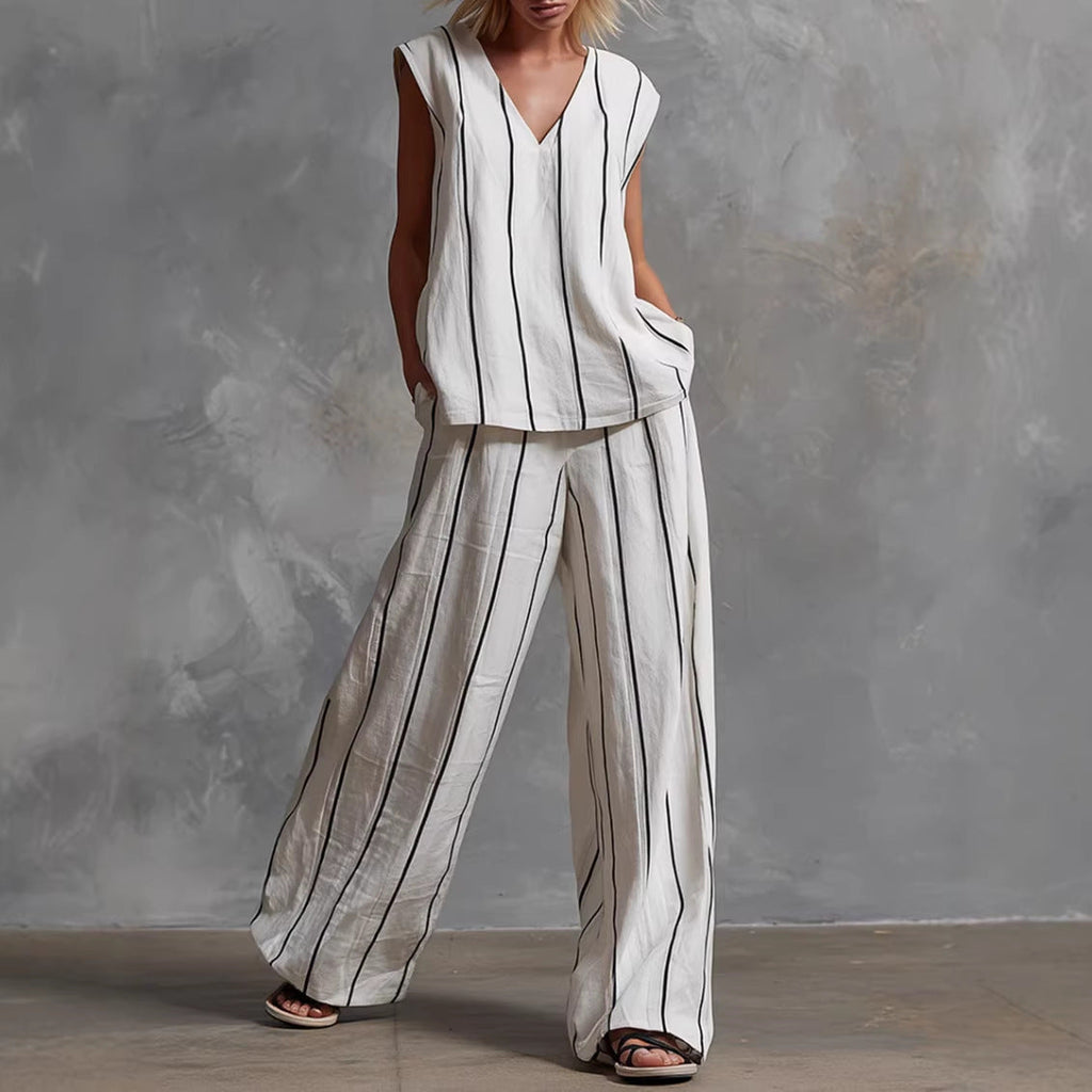 Women's V-Neck Sleeveless Striped Top and Wide Leg Pants Set - Image 4