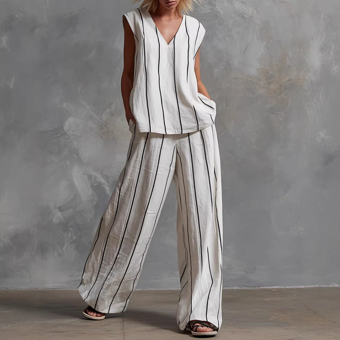 Women's V-Neck Sleeveless Striped Top and Wide Leg Pants Set - Image 4