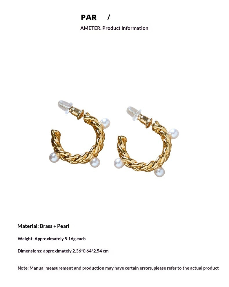 Knitted Cable-knit Pearl C-shaped Earrings