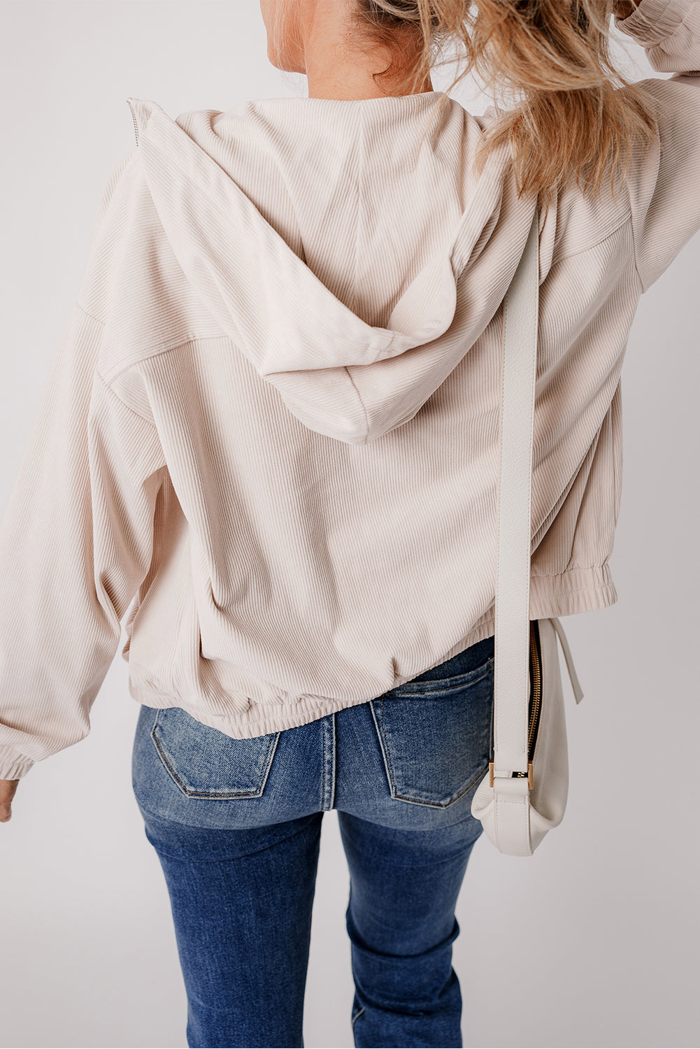 Women's Cream Corduroy Zip-Up Hooded Jacket with Pockets