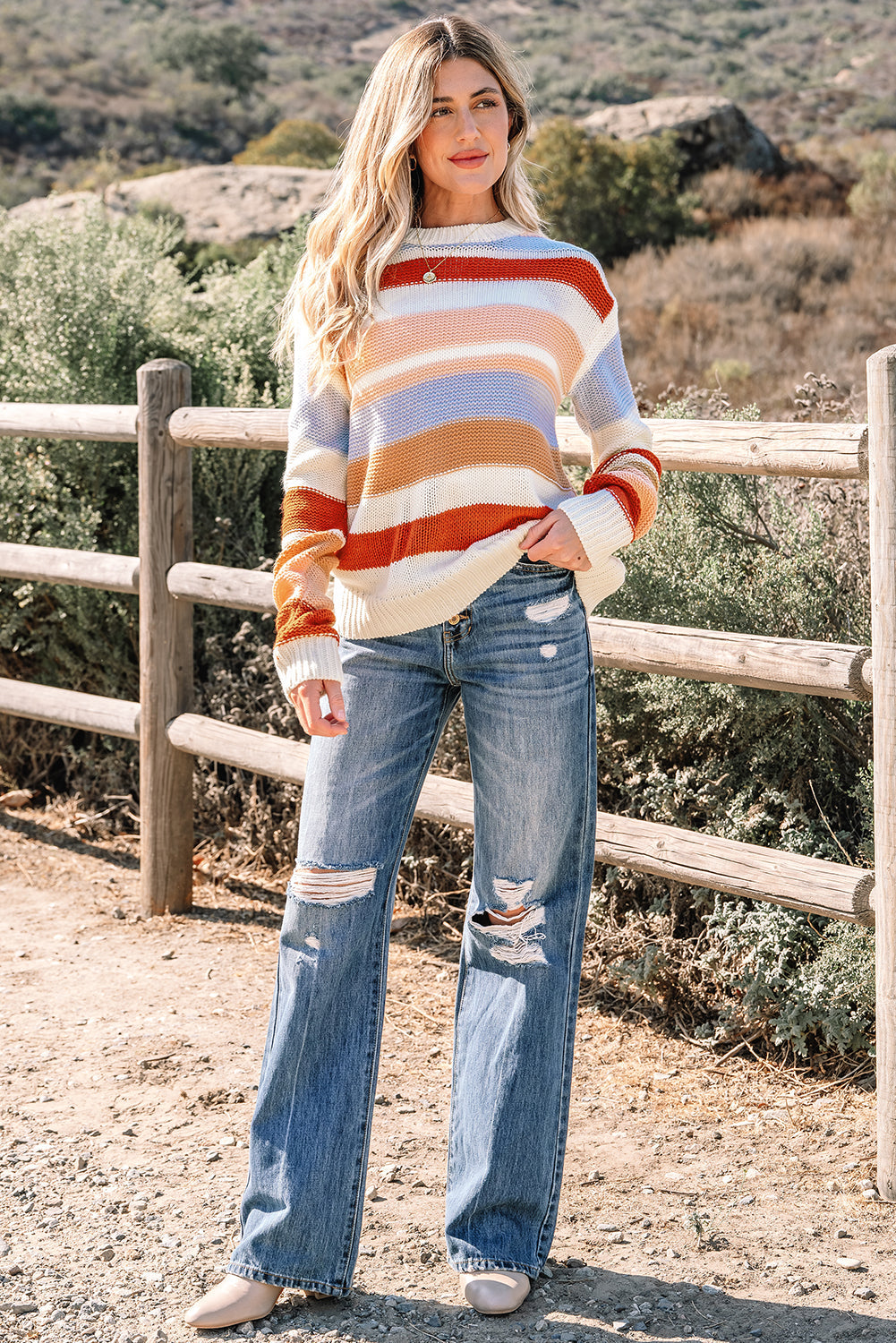 Stripe Colorblock Round Neck Drop Shoulder Sweater