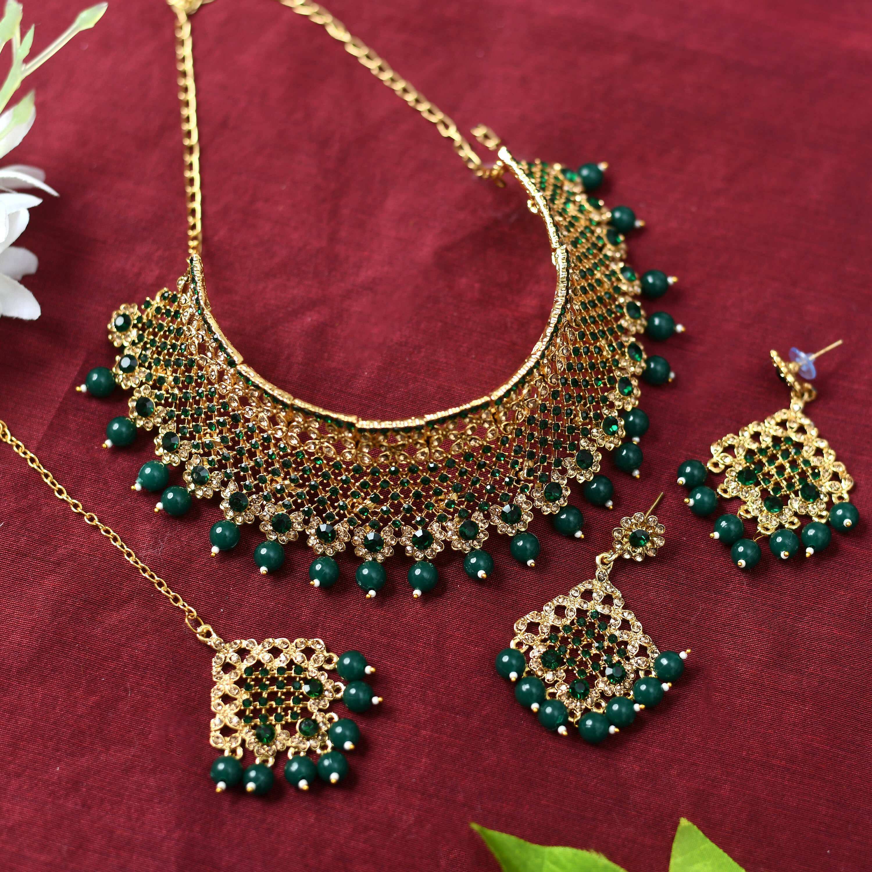 Traditional Rajwadi design heavy golden and green necklace set