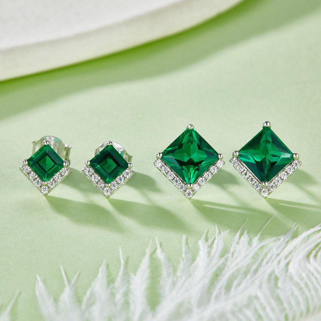 S925 Silver Platinum Plated Lab-Created Emerald Earrings, 0.3&2.5ct Princess Cut Studs, Pair