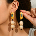 Women Wood Faux Abalone Shell Double Faux Pearl Drop Earrings, Boho Earth Tone Lightweight Vacation Statement Jewelry