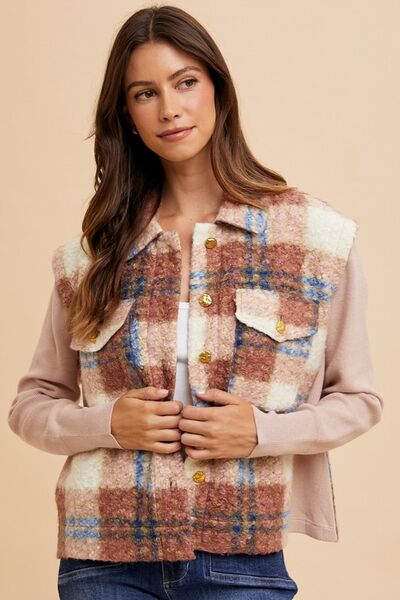 Girls Brown Faux Fur Plaid Button-Up Jacket Soft Winter Coat