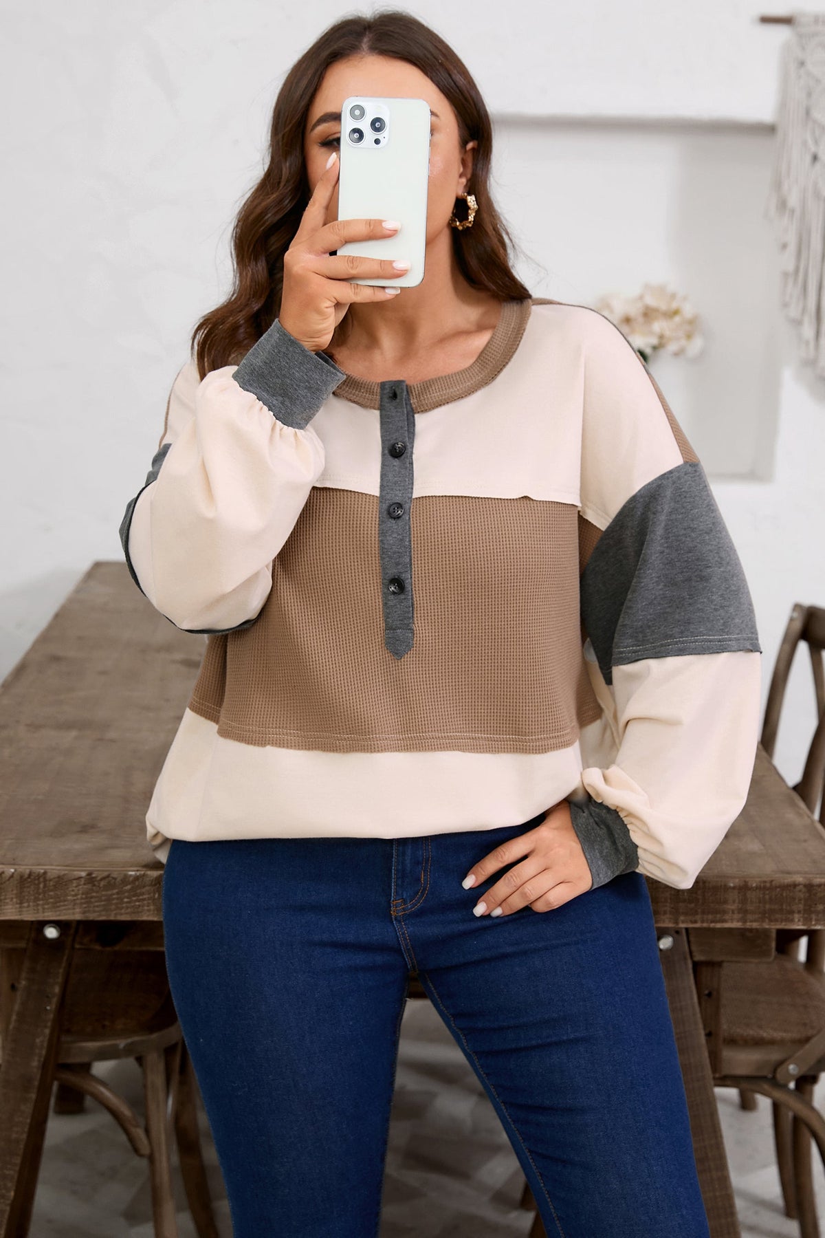 Plus Size Colorblock Waffle Knit Patchwork Half-Button Top