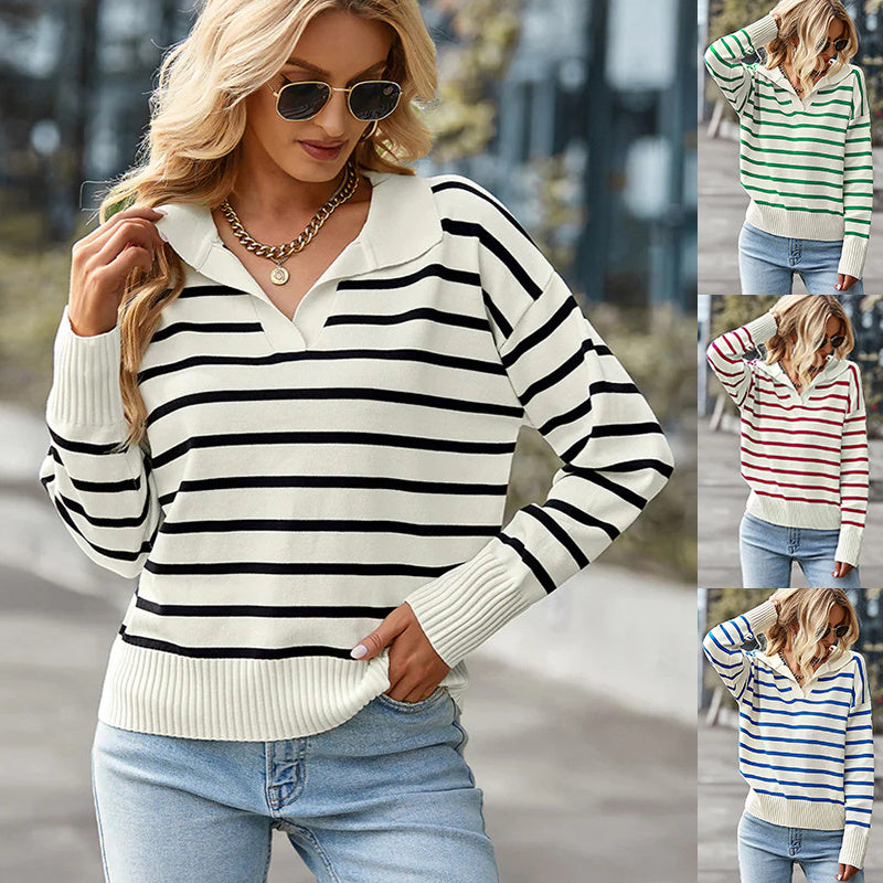 Women's Striped V-Neck Lapel Sweater Long Sleeve Knit Preppy Top