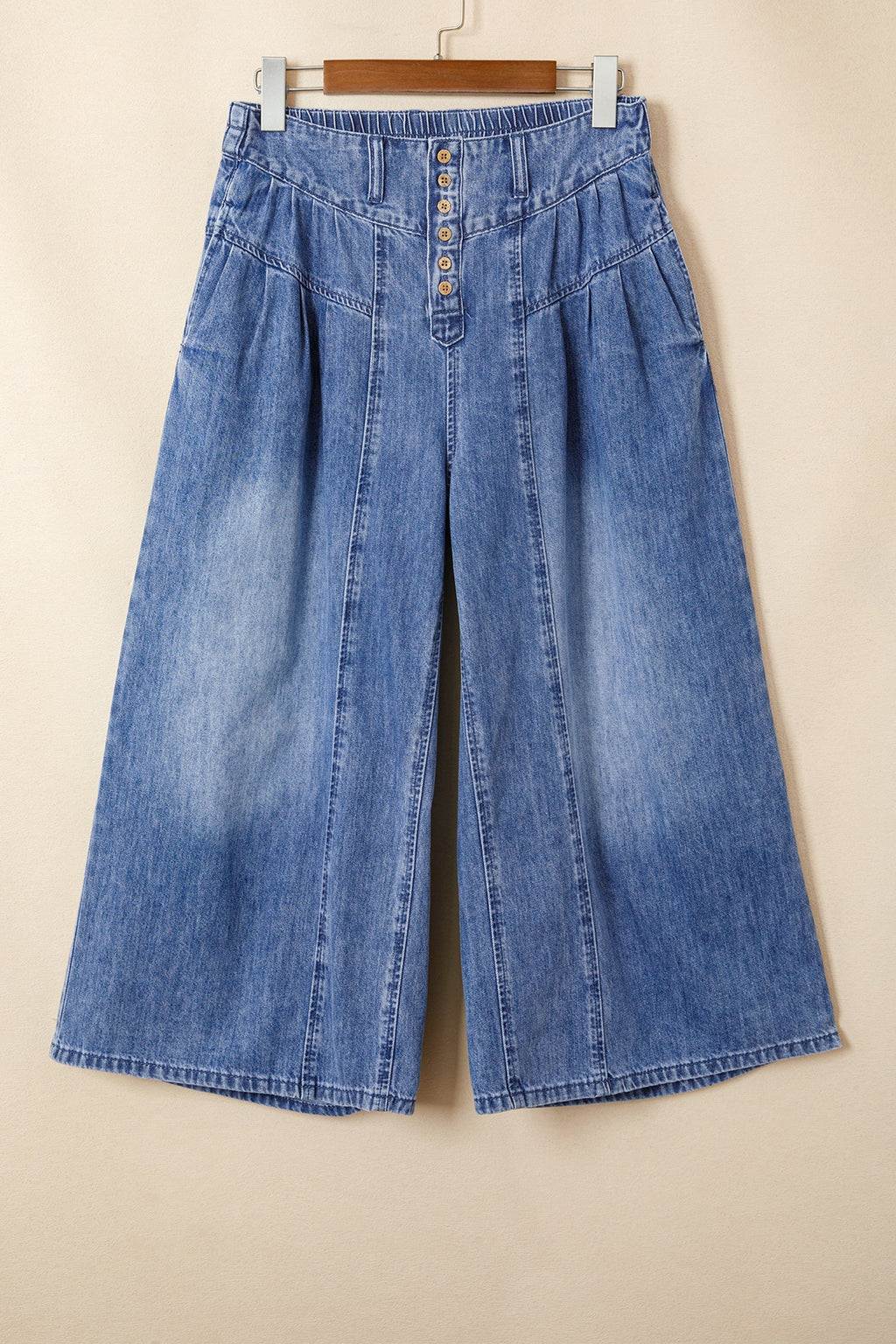 High Rise Pleated Wide Leg Denim Cropped Pants in Medium-Blue