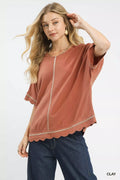 Clay Linen Blend Scallop Trim Top
