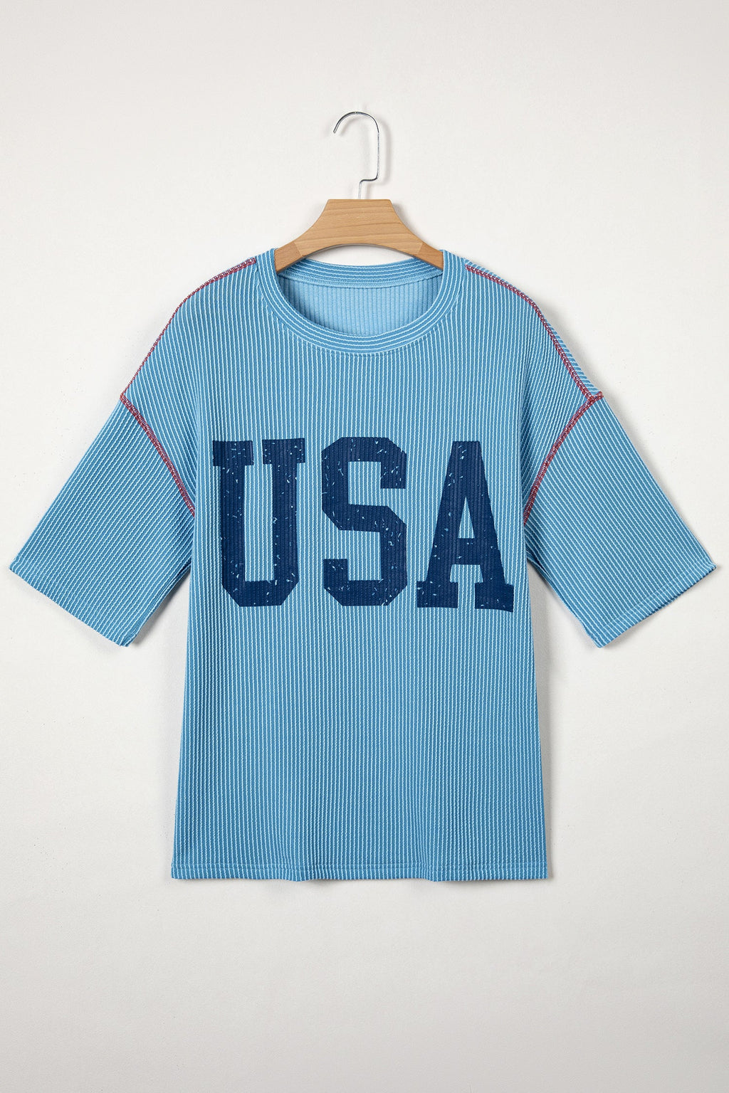 White USA Graphic Half Sleeve Loose Ribbed Top