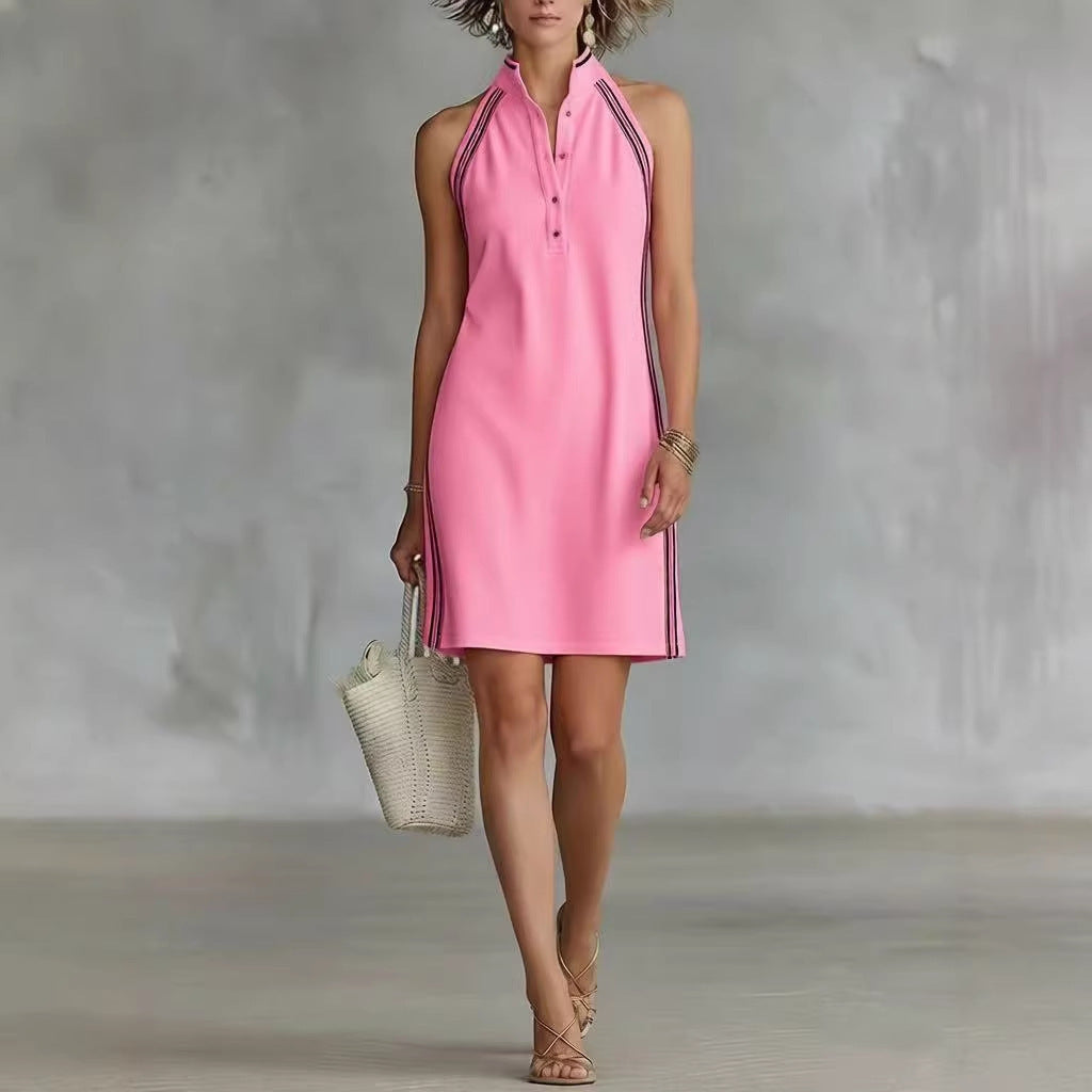 Women Sleeveless Polo Collar Shirt Dress Sporty Casual Mini Dress - Image 5